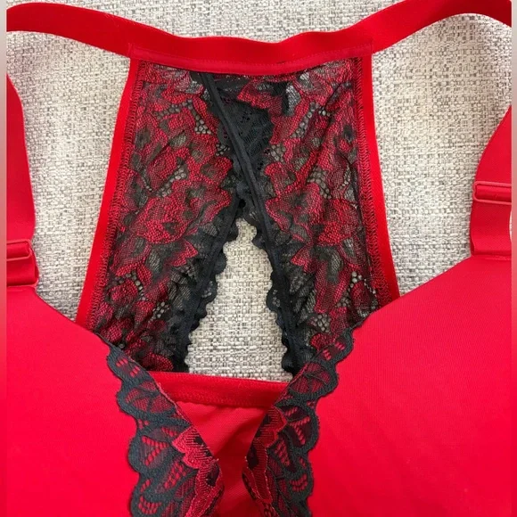 Cacique Boost Plunge Front Close Racerback Bra Red with Black Lace Accents 42DDD - Picture 4 of 10
